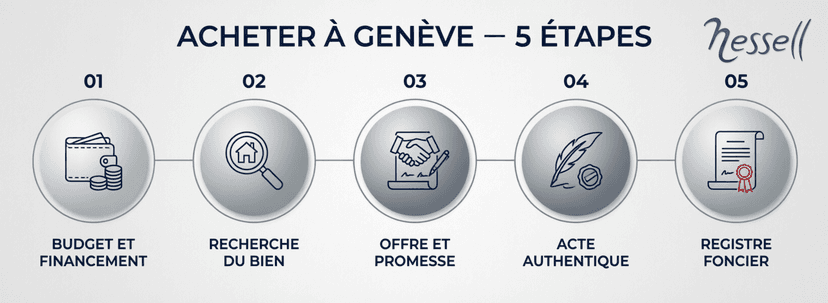 Acquistare a Ginevra: le cinque tappe Cinque tappe di un acquisto immobiliare a Ginevra: budget, ricerca, offerta, atto, registro fondiario