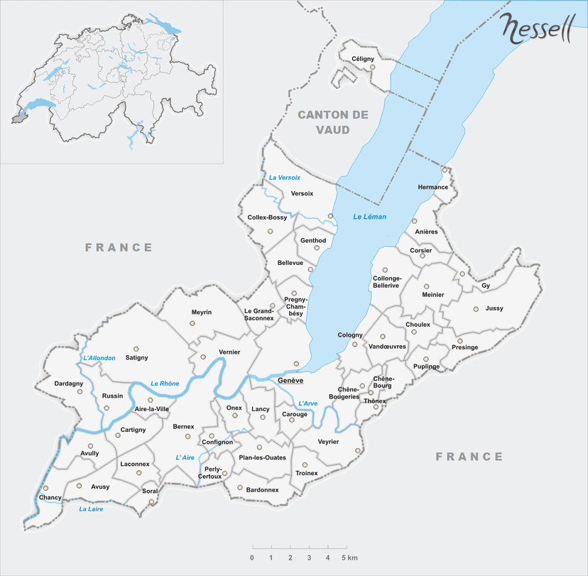 Mappa del cantone di Ginevra: 45 comuni e Lago Lemano Mappa del cantone di Ginevra con i suoi 45 comuni e il Lago Lemano