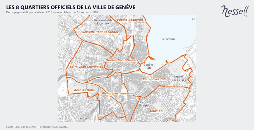Karte der 8 offiziellen Quartiere der Stadt Genf