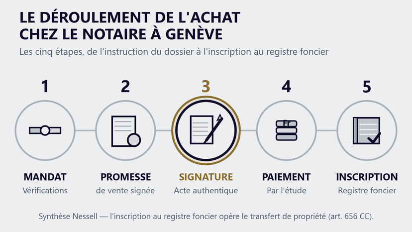 Le déroulement de l'achat chez le notaire à Genève en cinq étapes Les cinq étapes du déroulement de l'achat chez le notaire à Genève, du mandat à l'inscription au registre foncier