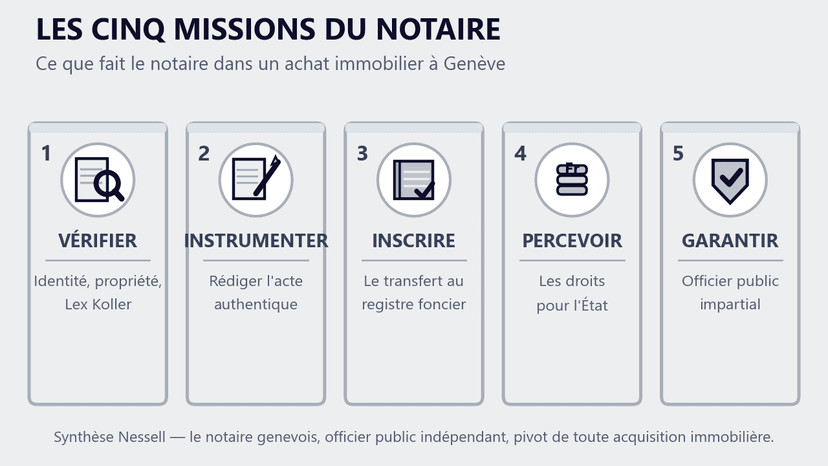 Les cinq missions du notaire à Genève Les cinq missions du notaire dans un achat immobilier à Genève : vérifier, instrumenter, inscrire, percevoir, garantir
